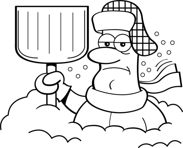 Karikatura člověka zapadlá ve sněhu a s lopatou. — Stockový vektor
