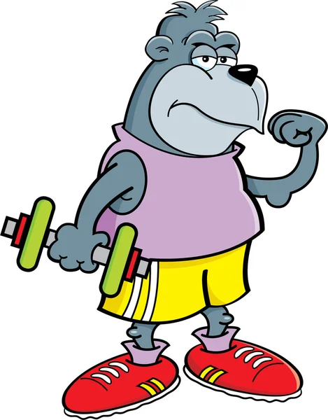 Cartoon gorilla holding a dumbbell. — Stock Vector