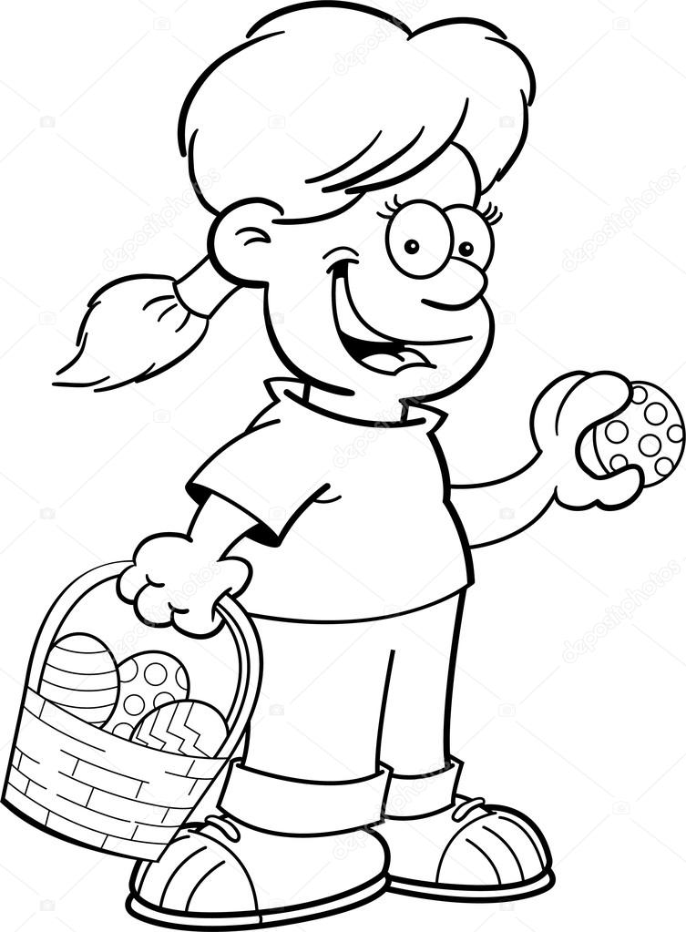 Cartoon girl on an Easter egg hunt.