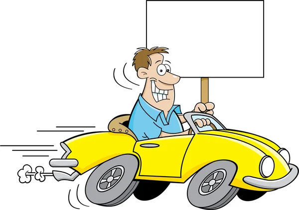 Homme de bande dessinée conduisant une voiture et tenant une pancarte . — Image vectorielle