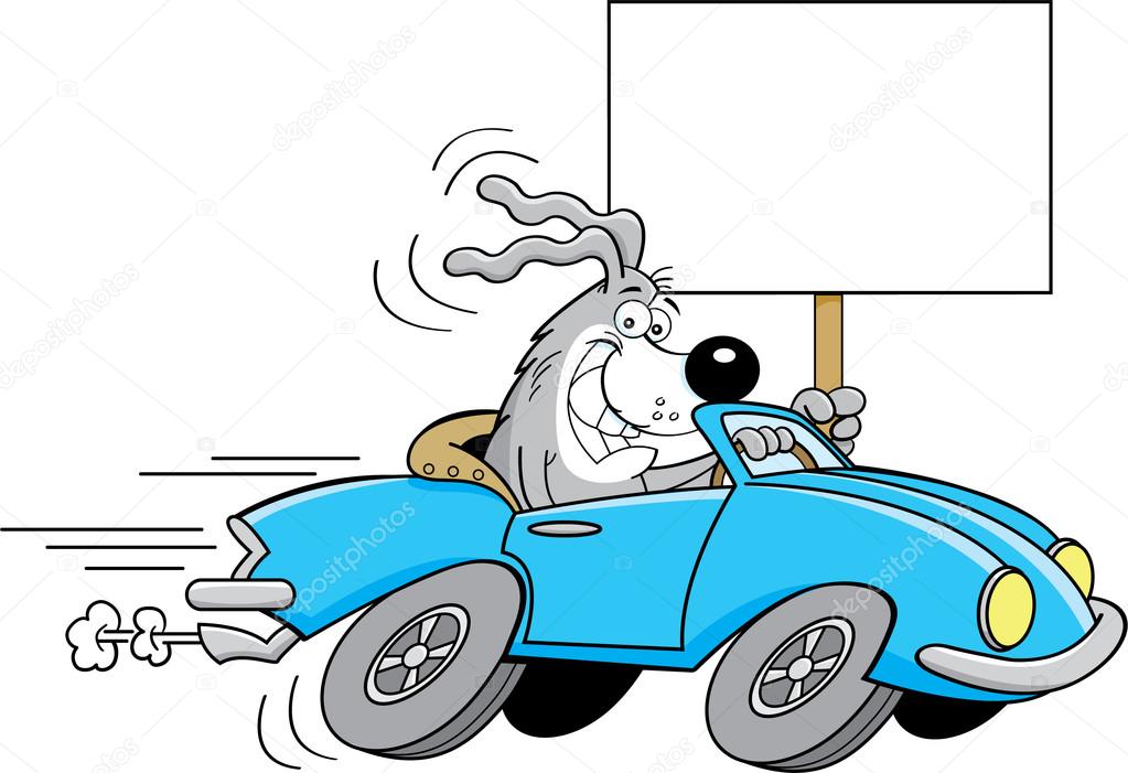 Cartoon dog driving a car and holding a sign.