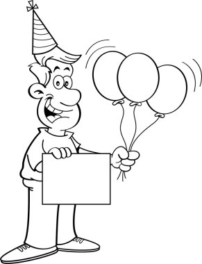 Çizgi film adam tutarak bir işaret ve balonlar.