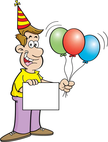 Homem dos desenhos animados segurando um sinal e balões . — Vetor de Stock