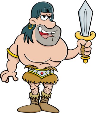 Bir kılıç tutan karikatür barbar.