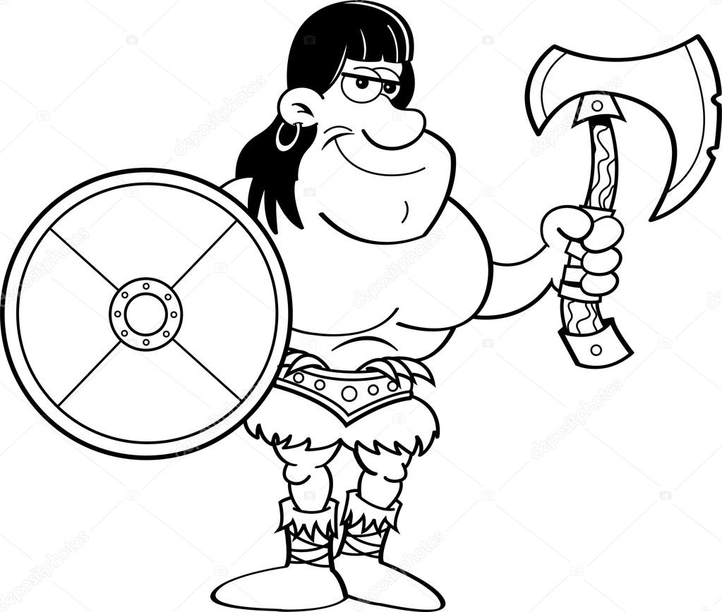 Cartoon barbarian with a shield and an axe.