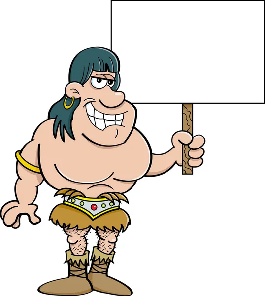 Cartoon barbarian holding a sign — Stock Vector