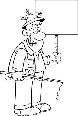 Cartoon fisherman holding a sign.