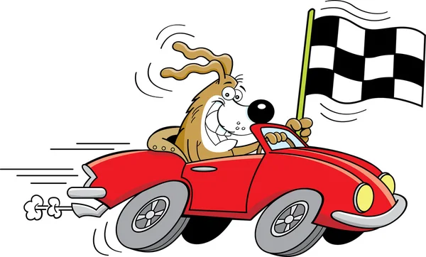 Cartoon dog in a car waving a checkered flag.