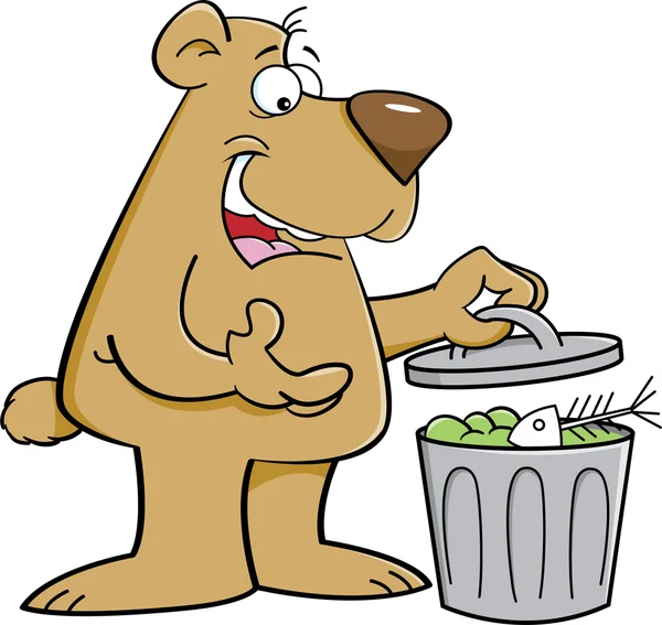 Cartoon bear looking in a garbage can. — Stock Vector