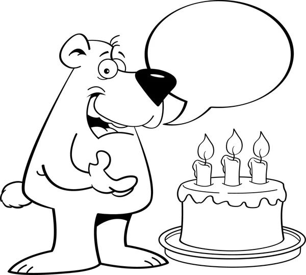 Oso de dibujos animados con un globo de discurso y un pastel de cumpleaños . — Archivo Imágenes Vectoriales