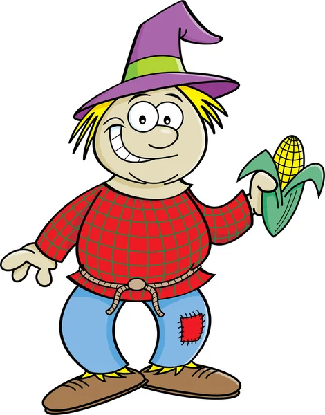 Espantapájaros de dibujos animados sosteniendo una mazorca de maíz . — Vector de stock
