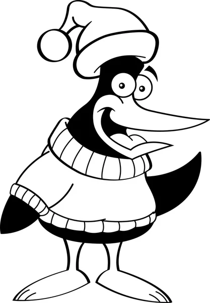 Pingüino blanco y negro con suéter y sombrero de Santa . — Vector de stock