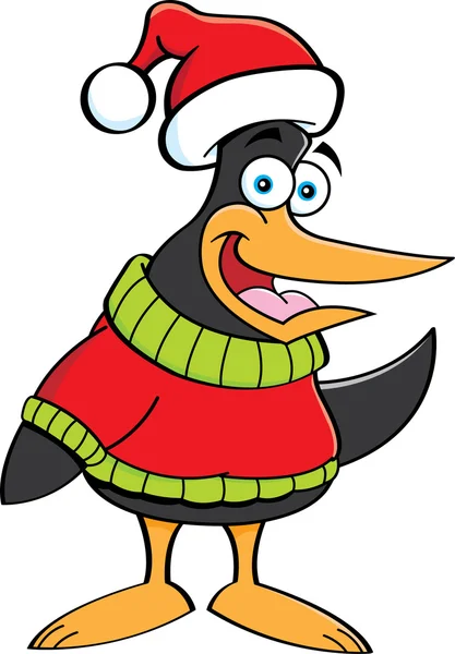Pingüino vistiendo un suéter y un sombrero de Santa . — Vector de stock