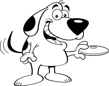 Karikatür bir uçan Disk tutarak köpek (siyah ve beyaz çizgi sanatı)