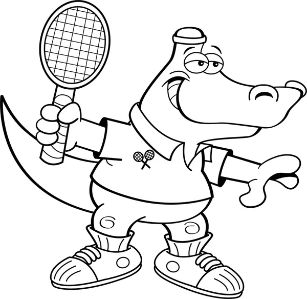 Cartoon Alligator Playing Tennis (Black & White Line Art) — Stock Vector