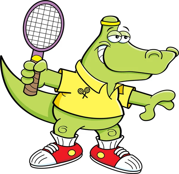 Cartoon alligator playing tennis. — Stock Vector