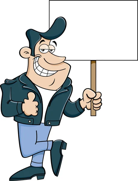 Hombre de dibujos animados renunciando a los pulgares y sosteniendo el signo — Vector de stock