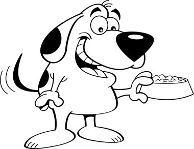 Karikatür köpek bir köpek yiyecek çanak tutan (siyah ve beyaz çizgi sanatı)