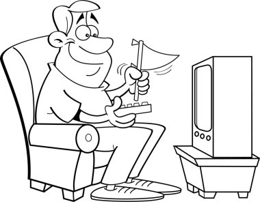 Televizyon izlemek ve bir flama holding karikatür adam.