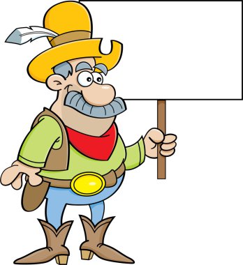 Bir işaret tutan karikatür kovboy.