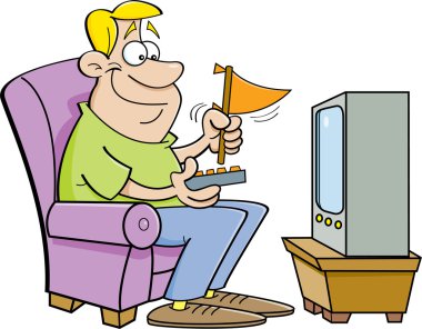 Televizyon izlemek ve bir flama holding karikatür adam.