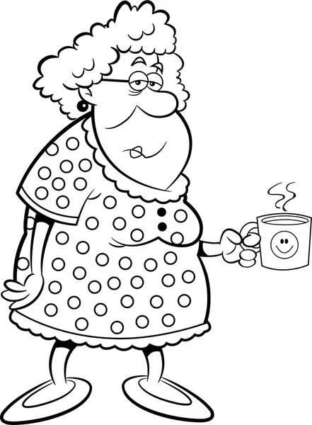 Cartoon gamla dam som håller en kaffekopp (svart & vit konturteckning) — Stock vektor