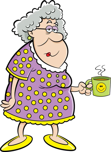 Cartoon oude dame houden een koffiemok — Stockvector