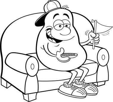 Bir kanepede oturan ve bir flama holding karikatür patates.