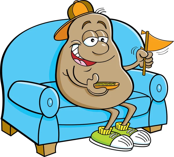 Patata cartone animato seduto su un divano e in possesso di un pennant . — Vettoriale Stock