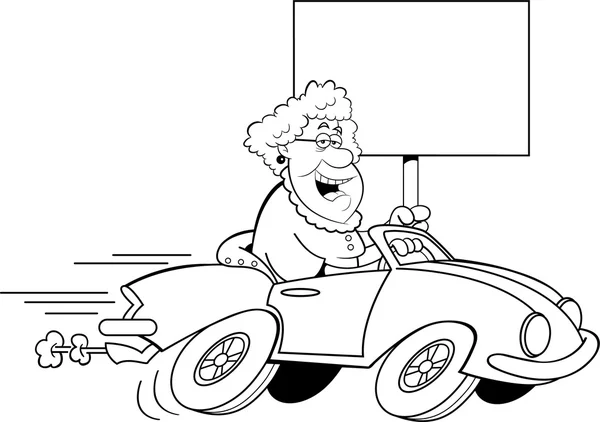 Cartoon oude dame te sportpraatje wagen rijden en het bedrijf een teken. — Stockvector