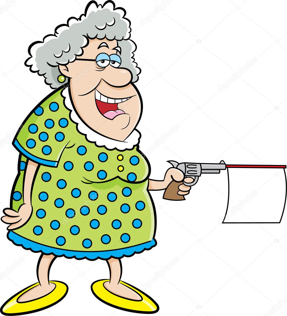 Cartoon old lady shooting a gun with message.