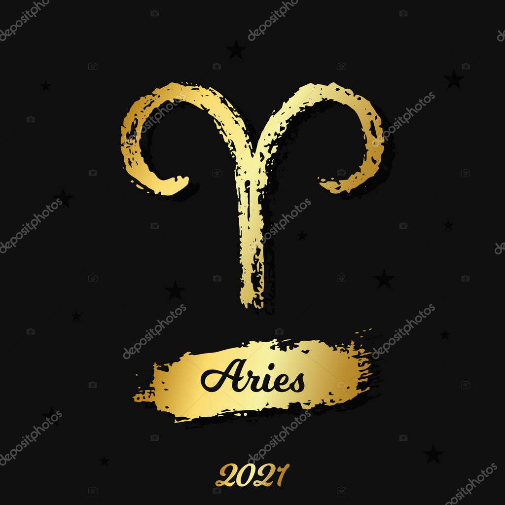 Vector gold zodiac sign. Aries hand drawn by paint brush. Horoscope  logo for 2021 on black background. Birthday illustration