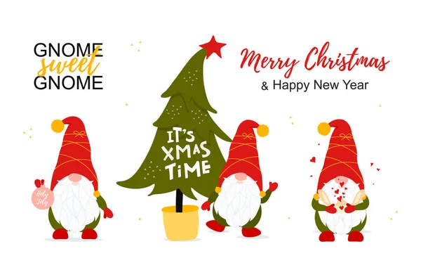 Natale Tempo e set con gnomi in pose diverse Illustrazione Stock