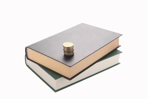 Dois Livros Moedas Empilhados Isolados Fundo Branco Com Caminho Recorte — Fotografia de Stock