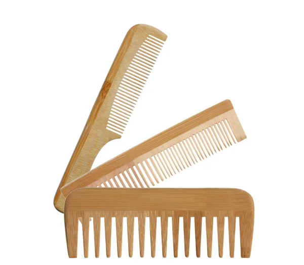 Three Wooden Combs Isolated White Background Clipping Path Copy Space — Stock Photo, Image