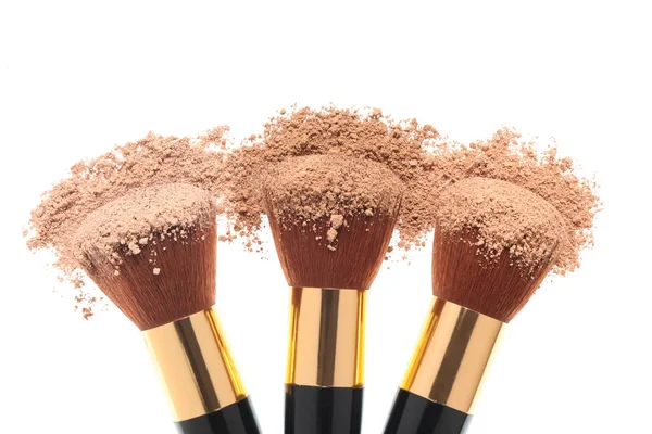 Three Make Brushes Brown Face Powder Isolated White Background Clipping — Stock Photo, Image