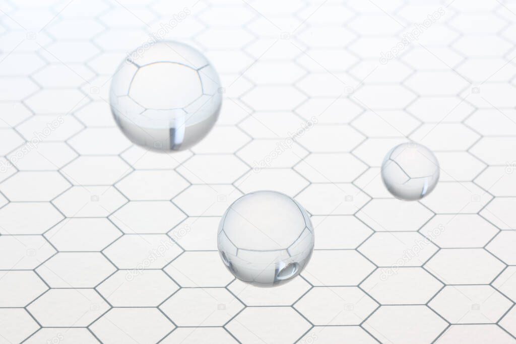 three transparent balls shperes flying on an honeycomb glass pattern with copy space for your text