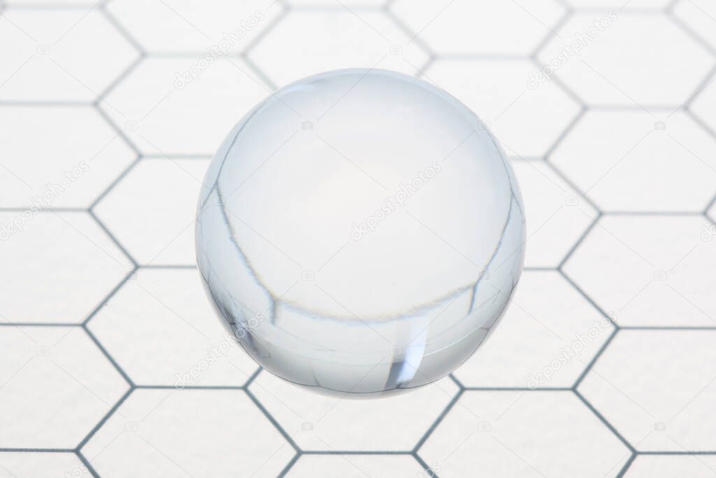transparent ball shpere flying on an honeycomb glass pattern with copy space for your text