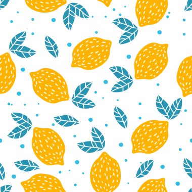 Limonlar, yapraklar ve noktalarla kusursuz yaz deseni, basit vektör illüstrasyonu.