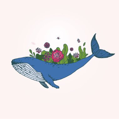 Sırtında çiçekler ve yapraklarla çiçek açan balina, el yapımı vektör çizimi.