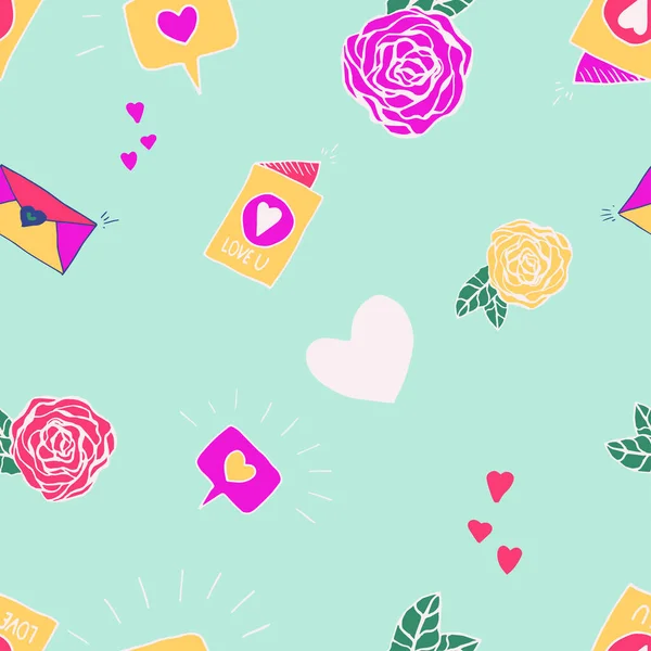 Dia Dos Namorados Padrão Sem Costura Com Rosas Cartas Amor — Vetor de Stock