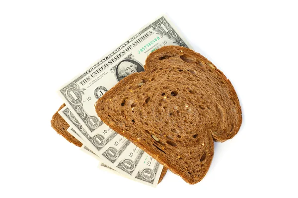 Két szelet kenyér tetején a készpénz dollár számlák — Stock Fotó