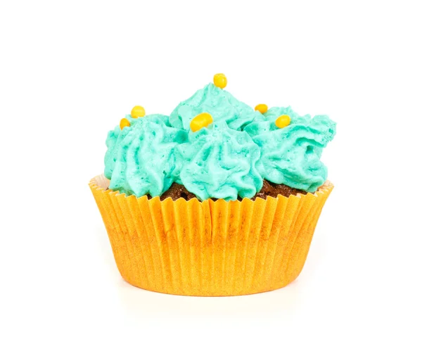 Cupcake mit blauer Sahne Zuckerguss Stockbild