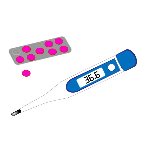 白い背景に隔離された錠剤の体温と包装を測定するための電子温度計 — ストックベクタ