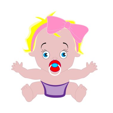 Emziği olan yeni doğmuş küçük bir kız bebek ve beyaz arka planda izole bir şekilde başını eğmiş..