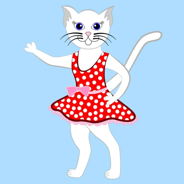 Cartoon Weiße Katze Gepunktetem Kleid Isoliert Auf Blauem Hintergrund — Stockvektor