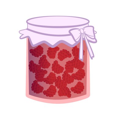 Beyaz zemin üzerinde ahududu reçeli olan kapalı cam kavanoz.