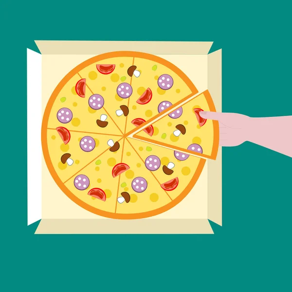 Homem Tira Uma Fatia Pizza Uma Caixa Papel —  Vetores de Stock