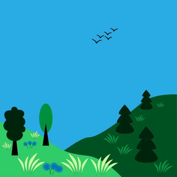 Летний Пейзаж Травой Цветами Переднем Плане Летающей Стаей Птиц Заднем — стоковый вектор