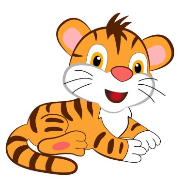 Beyaz bir arka planda gülümseyen sevimli ve çizgi film kaplanı..